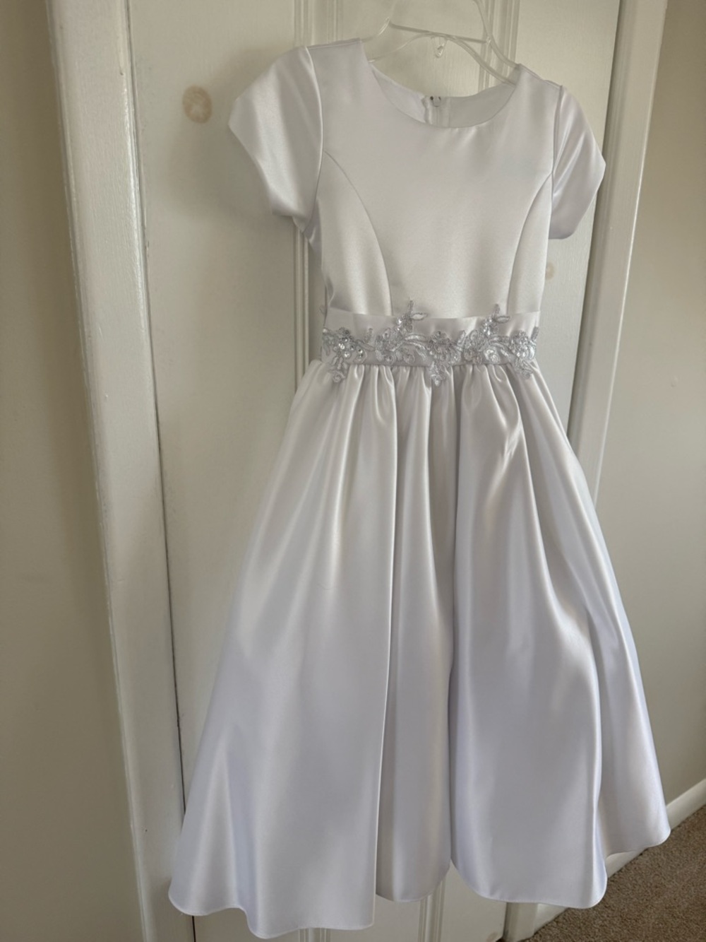 White Satin Communion Dress / Flower Girl Dress with Embroidered Waist - Size 8